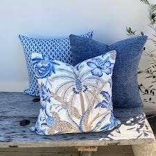 Set of Blue, White and Beige Coastal Tropical Palm Cushions
