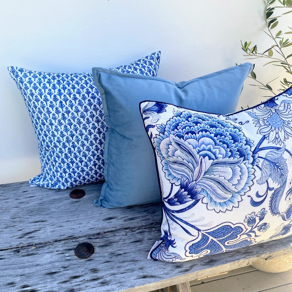Set of 3 Floral Blue and White Country Cushions