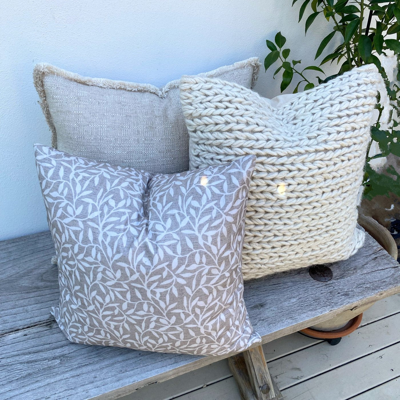 Set of 3 Natural Beige Cushion Covers | Saba Cable Whispering Vine-Revived Artisan Eco Home Decor