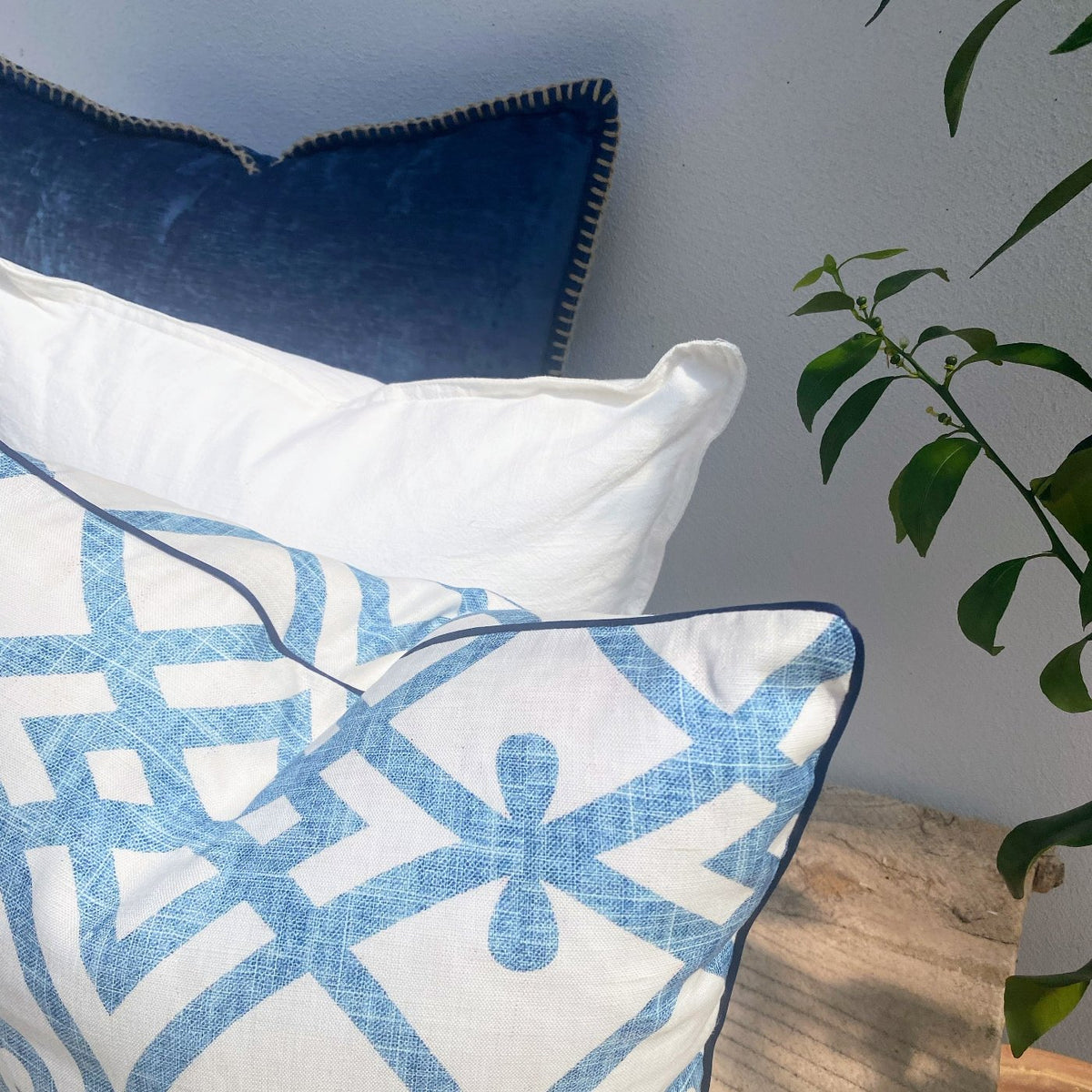French Linen Blue White Patterned Cushion | Seafoam | Revived Artisan