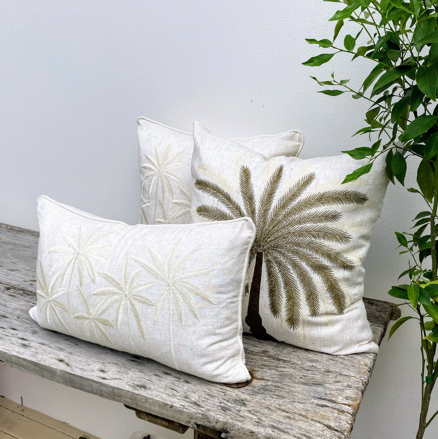 Set of Three Palm Leave Embroidered Cushion