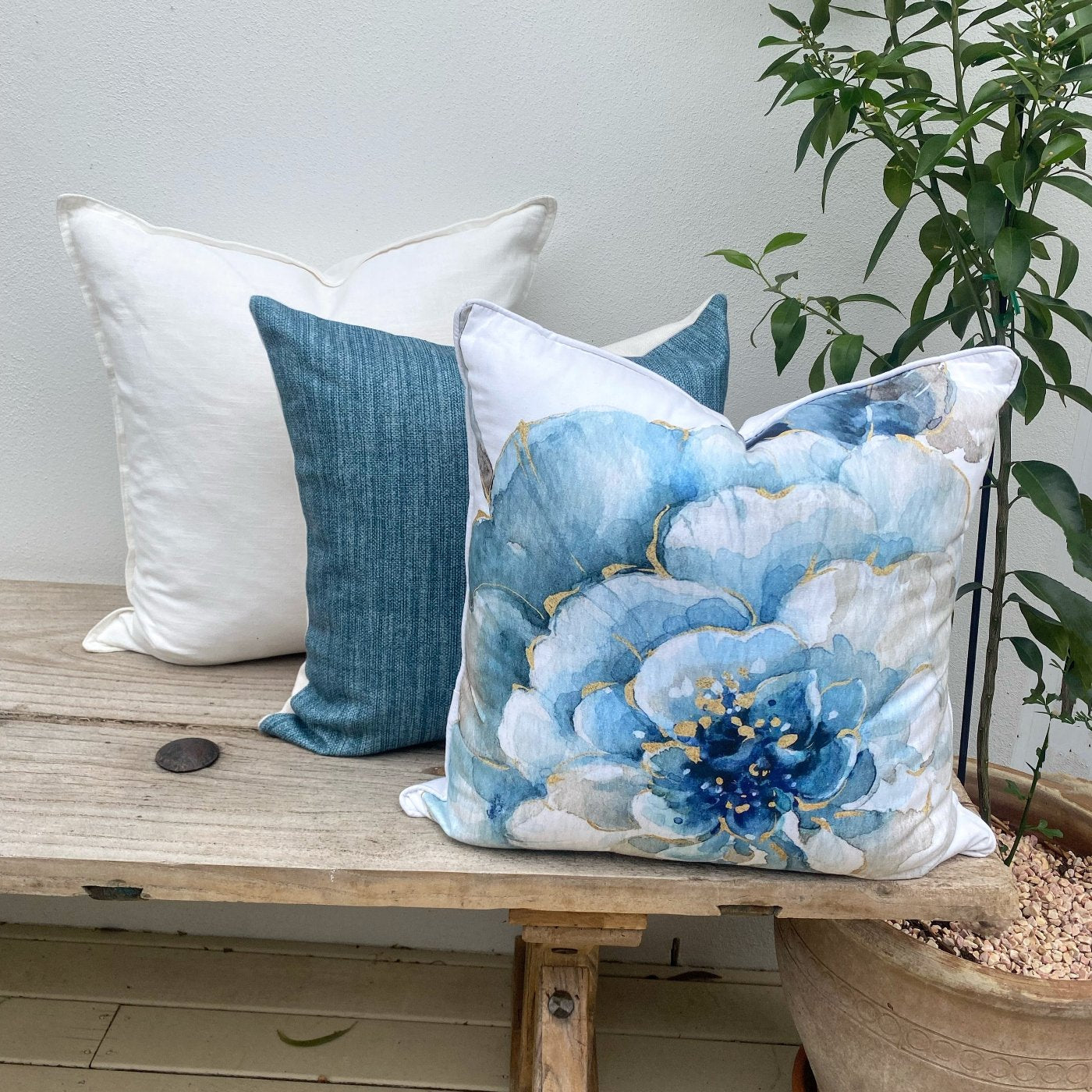Set of Blue Floral Turquoise Cushions |Teal Linen Camellia