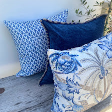 Set of 3 White and Blue Coastal Palmtree Cushions