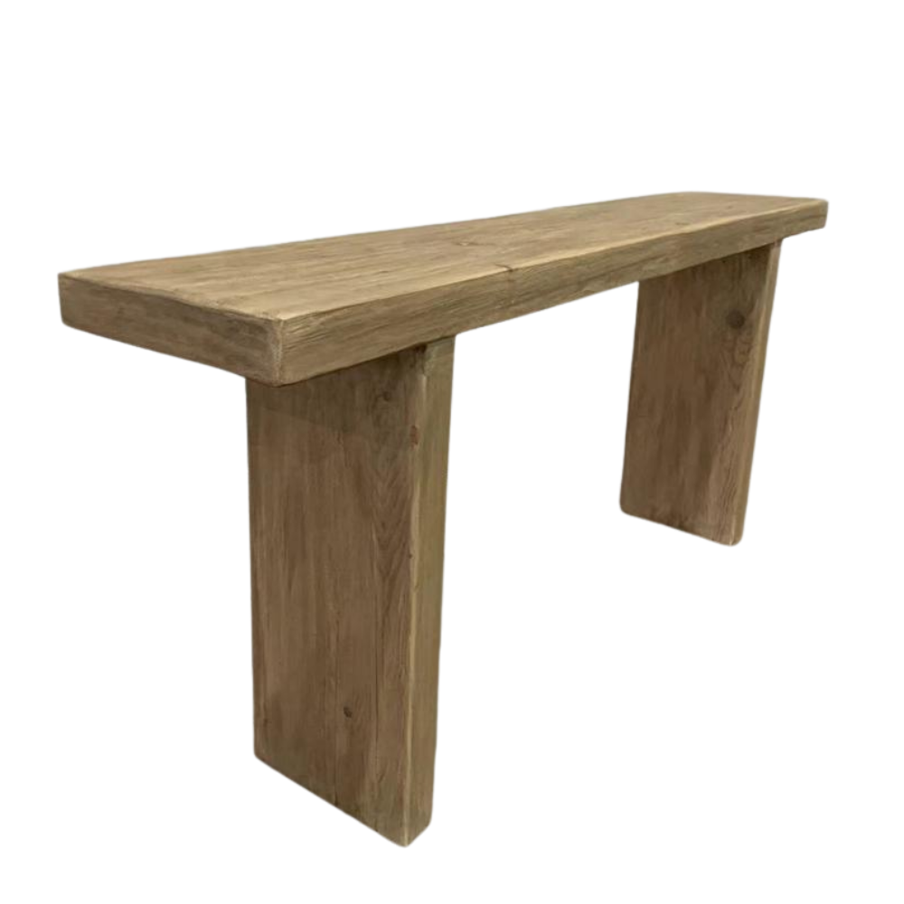 Sustainable reclaimed elm wood bench seat, perfect for coastal entryway