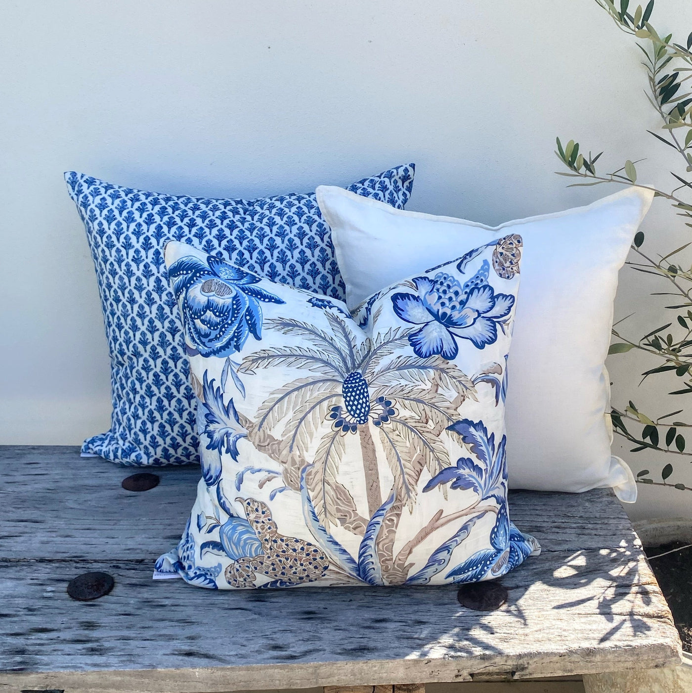 White Blue Beige Tropical Palm Cushion Covers