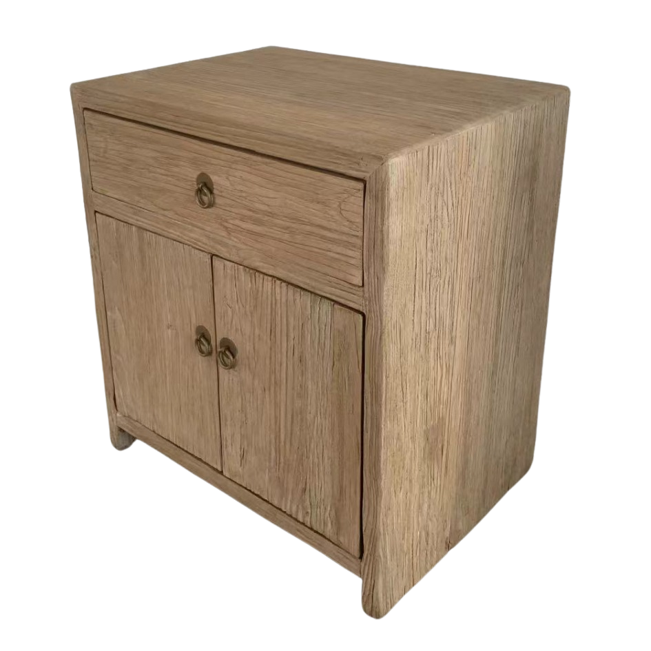 Wooden bedside table made of sustainable recycled elm wood